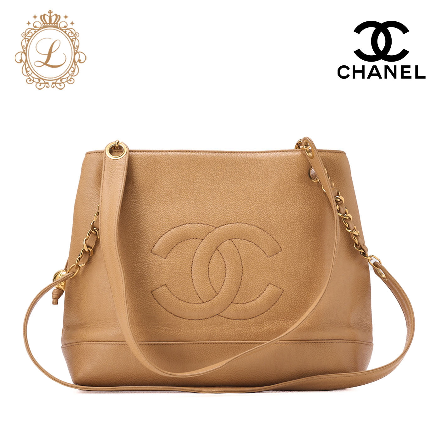 CHANEL Shoulder Bag Coco Mark Ball Charm Caviar Skin Black Gold-Tone Hardware, Pre-Owned
