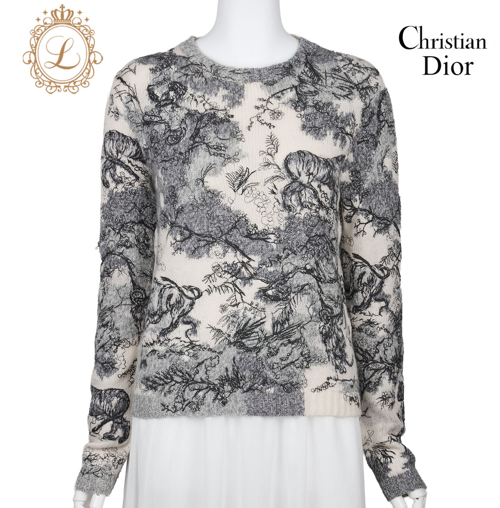 Dior All-Over Cashmere Sweater 36 White x Black Knit Top Long Sleeve Cut & Sew Branded   Pre-Owned