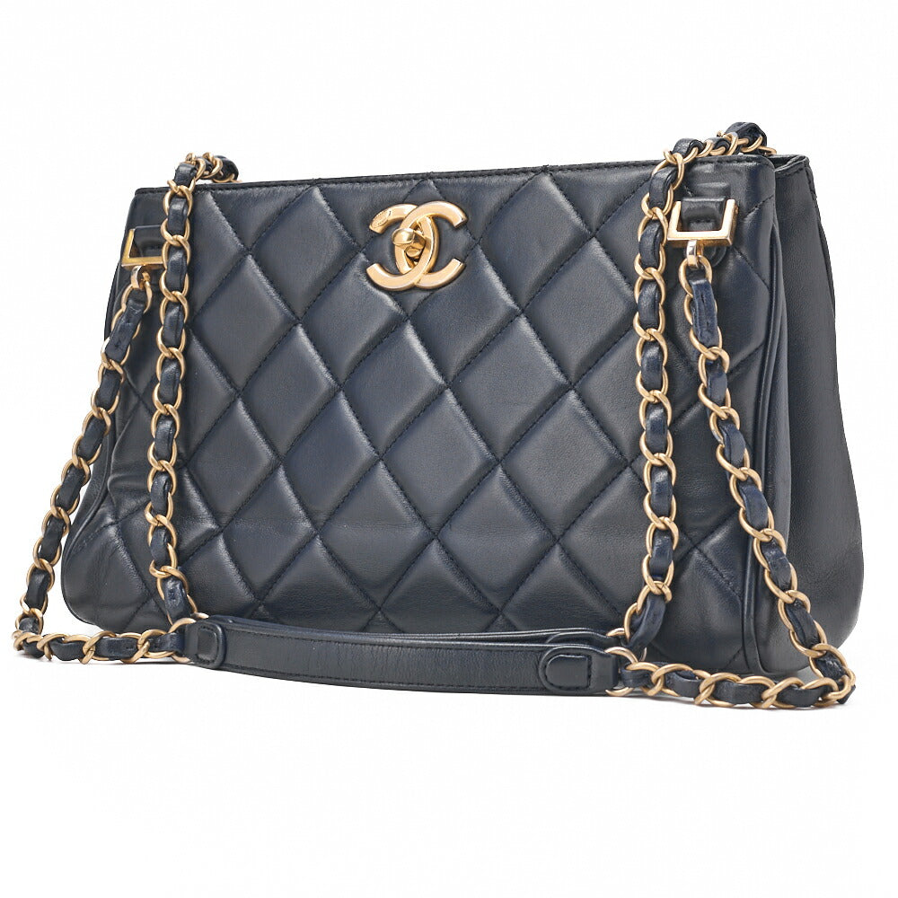 CHANEL Chain Shoulder Matelasse Bicolore Calfskin Navy Gold-Tone Hardware, Pre-Owned