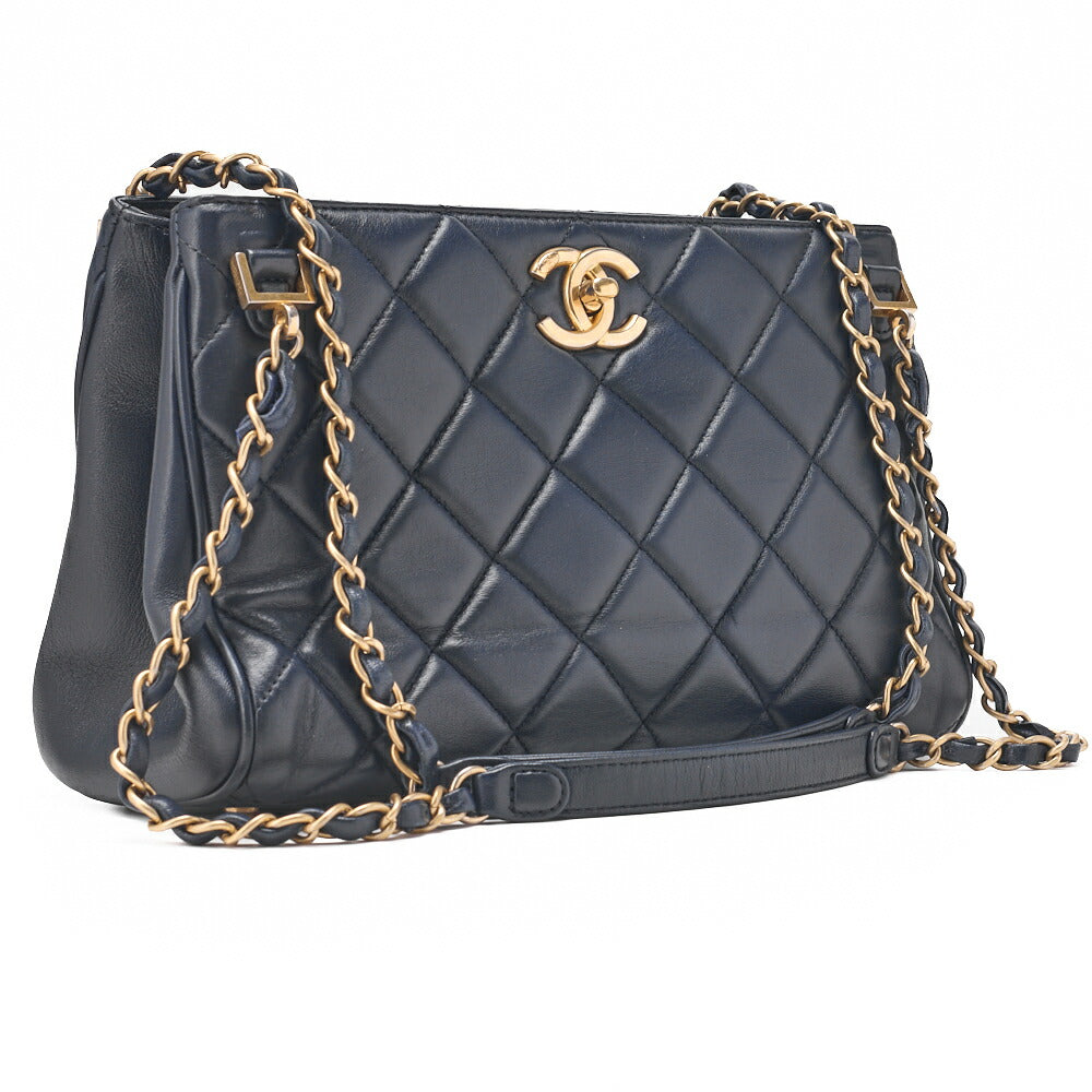 CHANEL Chain Shoulder Matelasse Bicolore Calfskin Navy Gold-Tone Hardware, Pre-Owned