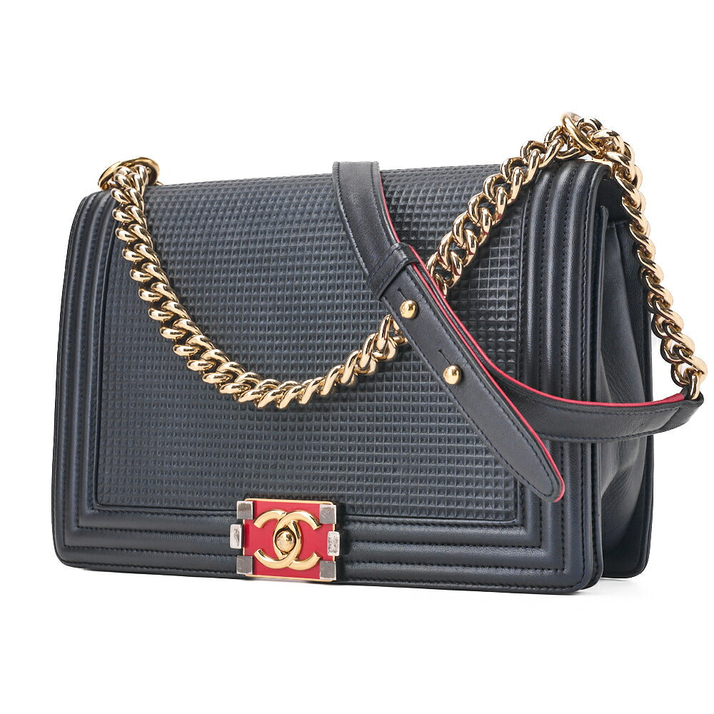 CHANEL Boy Chanel Perforated Design Chain Shoulder Lambskin Navy x Red Large Size Gold-Tone Hardware, Pre-Owned