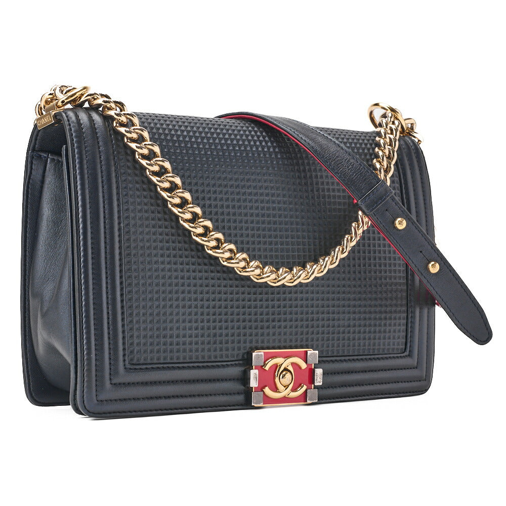 CHANEL Boy Chanel Perforated Design Chain Shoulder Lambskin Navy x Red Large Size Gold-Tone Hardware, Pre-Owned