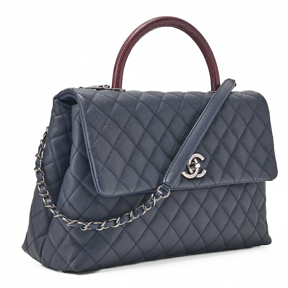 CHANEL Shoulder Bag Matlasse Coco Handle 2-Way Handbag Caviar Skin �~ Lizard Navy�~ Bordeaux Silver Fittings Women's Bag Brand [Used] [Free Shipping]