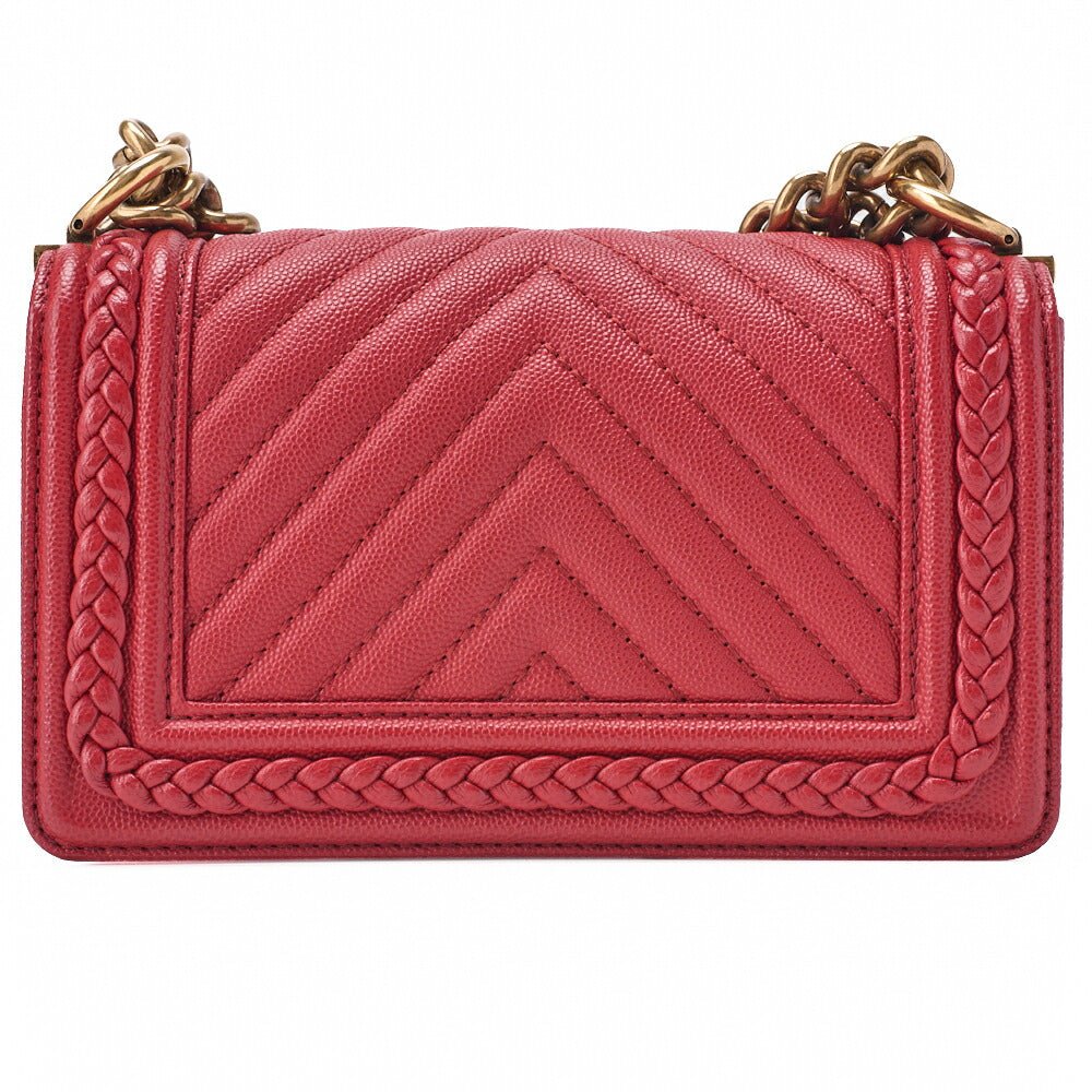 CHANEL Boy Chanel V-Stitch Chain Shoulder Caviar Skin Red Gold-Tone Hardware, Pre-Owned