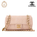 CHANEL Shoulder Bag Calfskin V-Stitch Beige Turnlock Single Flap Gold-Tone Hardware, Pre-Owned