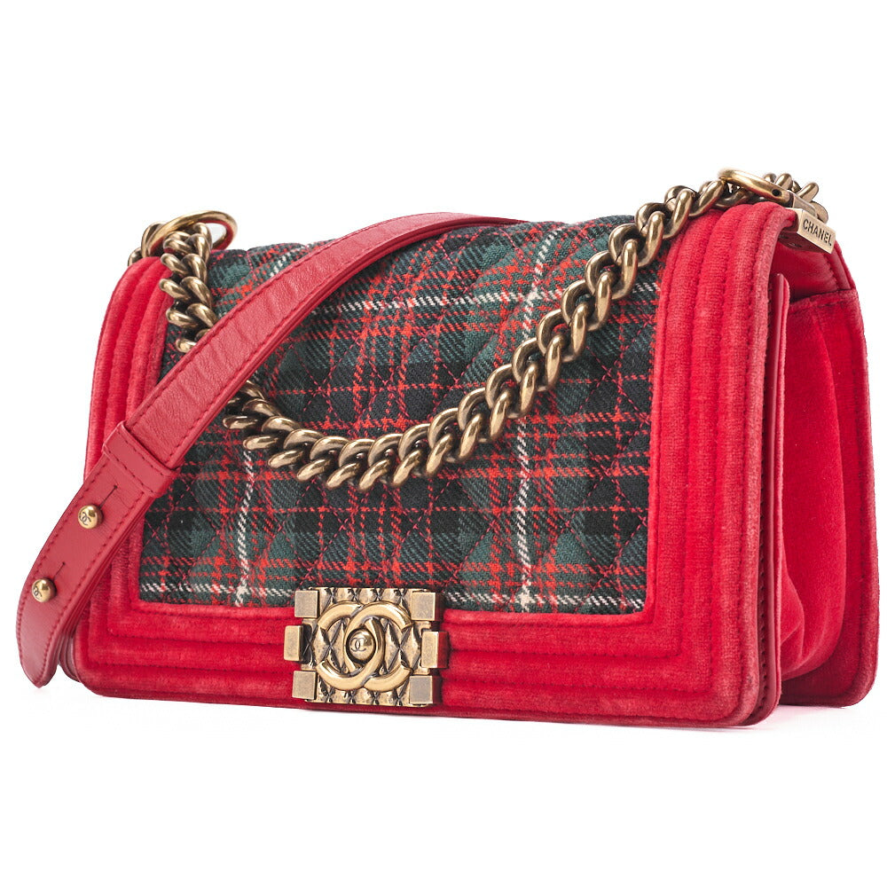 CHANEL Boy Chanel Matelassé Chain Shoulder Cotton x Pelore Red ｘ Multicolor Gold-Tone Hardware, Pre-Owned