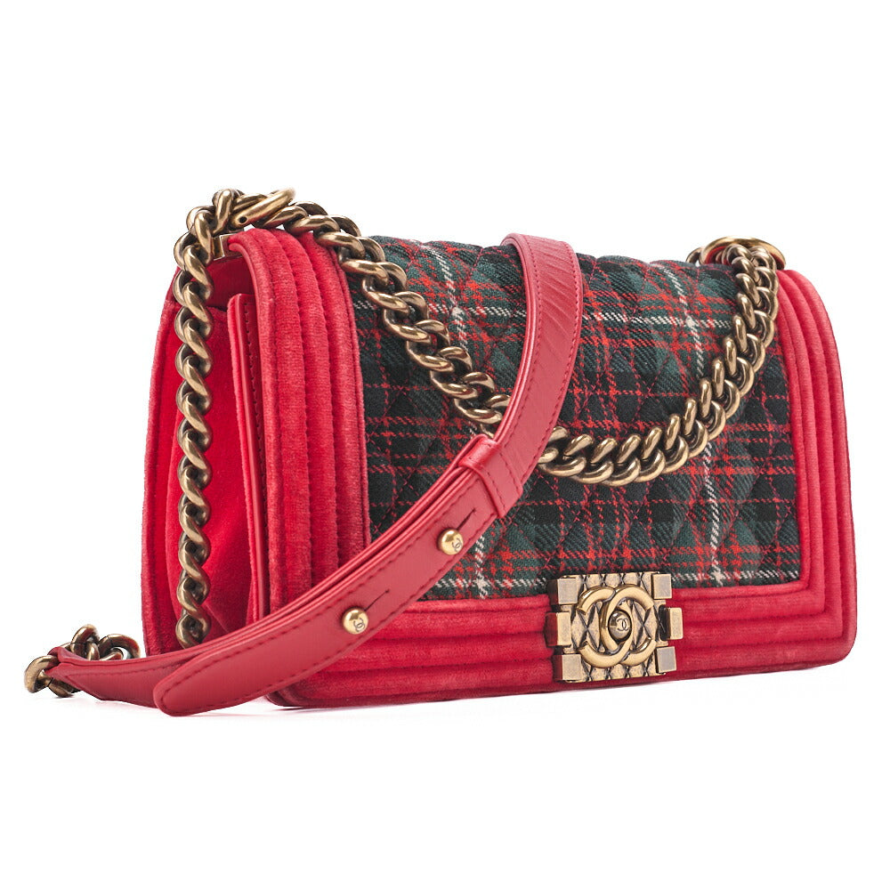 CHANEL Boy Chanel Matelassé Chain Shoulder Cotton x Pelore Red ｘ Multicolor Gold-Tone Hardware, Pre-Owned