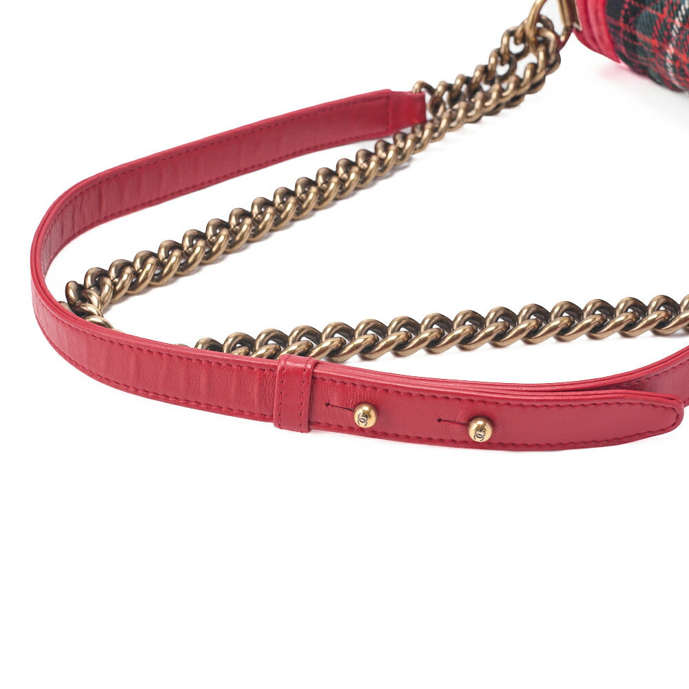 CHANEL Boy Chanel Matelassé Chain Shoulder Cotton x Pelore Red ｘ Multicolor Gold-Tone Hardware, Pre-Owned