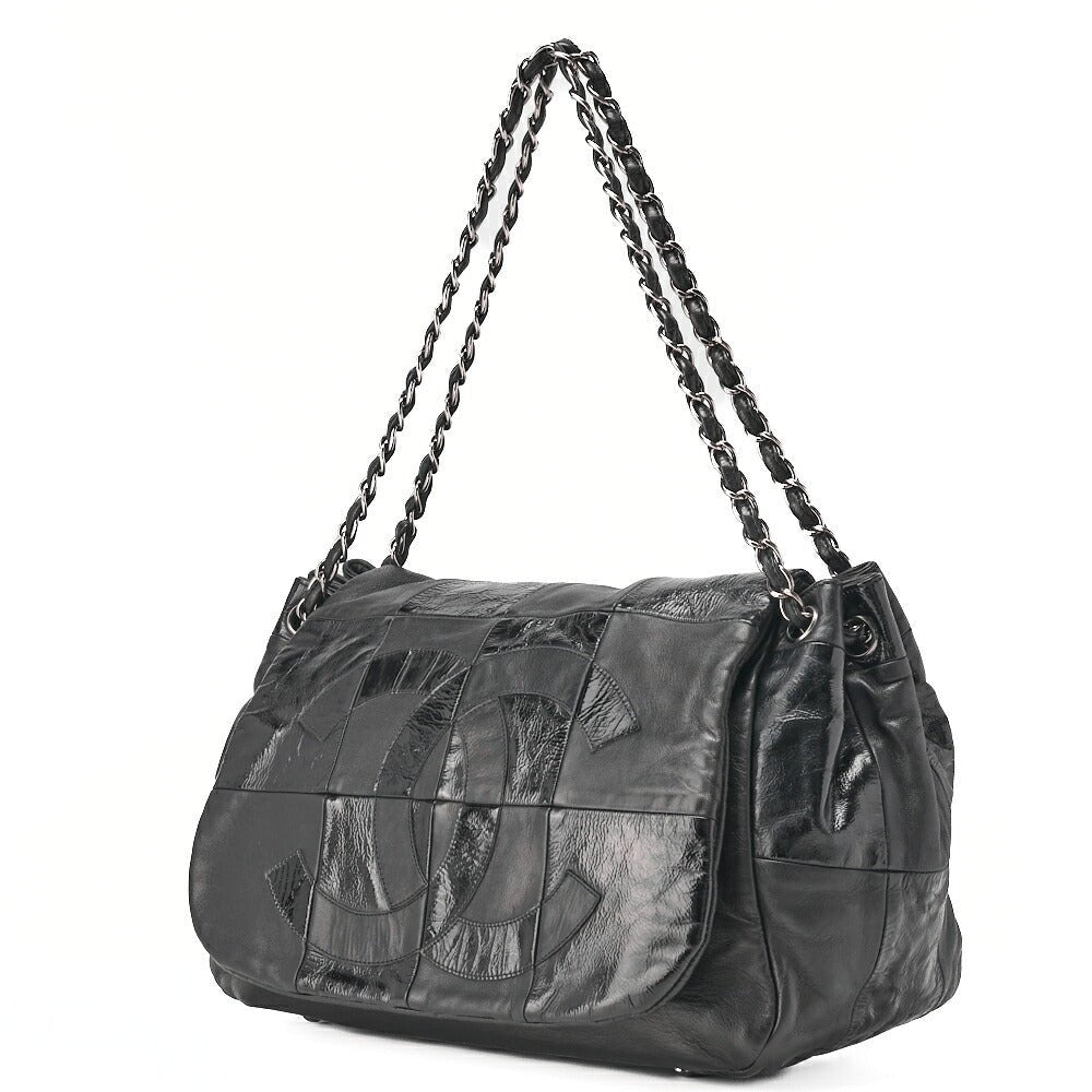 CHANEL Chain Shoulder Bag Cocomark Patchwork Full Flap Lambskin x Enamel Black Silver-Tone Hardware, Pre-Owned