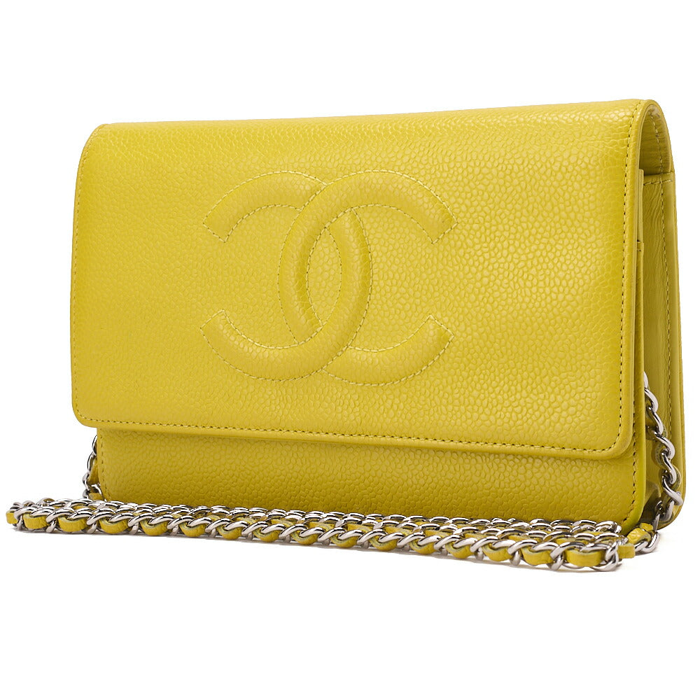 CHANEL Shoulder Bag Chain Wallet Caviar Skin Yellow Silver-Tone Hardware, Pre-Owned