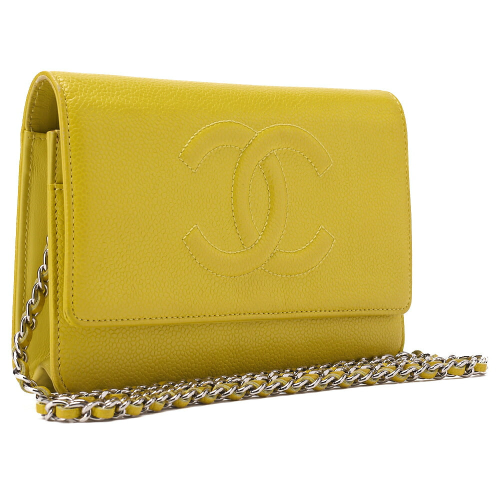 CHANEL Shoulder Bag Chain Wallet Caviar Skin Yellow Silver-Tone Hardware, Pre-Owned