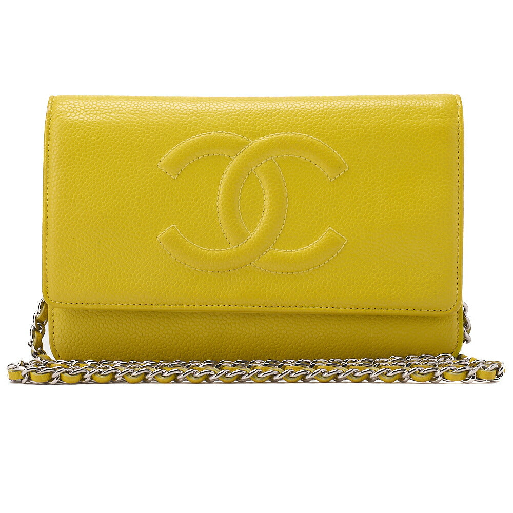 CHANEL Shoulder Bag Chain Wallet Caviar Skin Yellow Silver-Tone Hardware, Pre-Owned