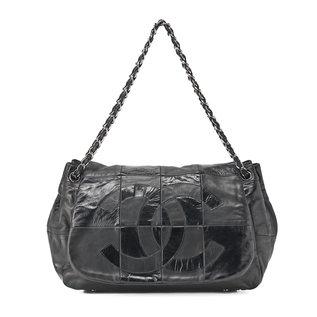 CHANEL Chain Shoulder Bag Cocomark Patchwork Full Flap Lambskin x Enamel Black Silver-Tone Hardware, Pre-Owned