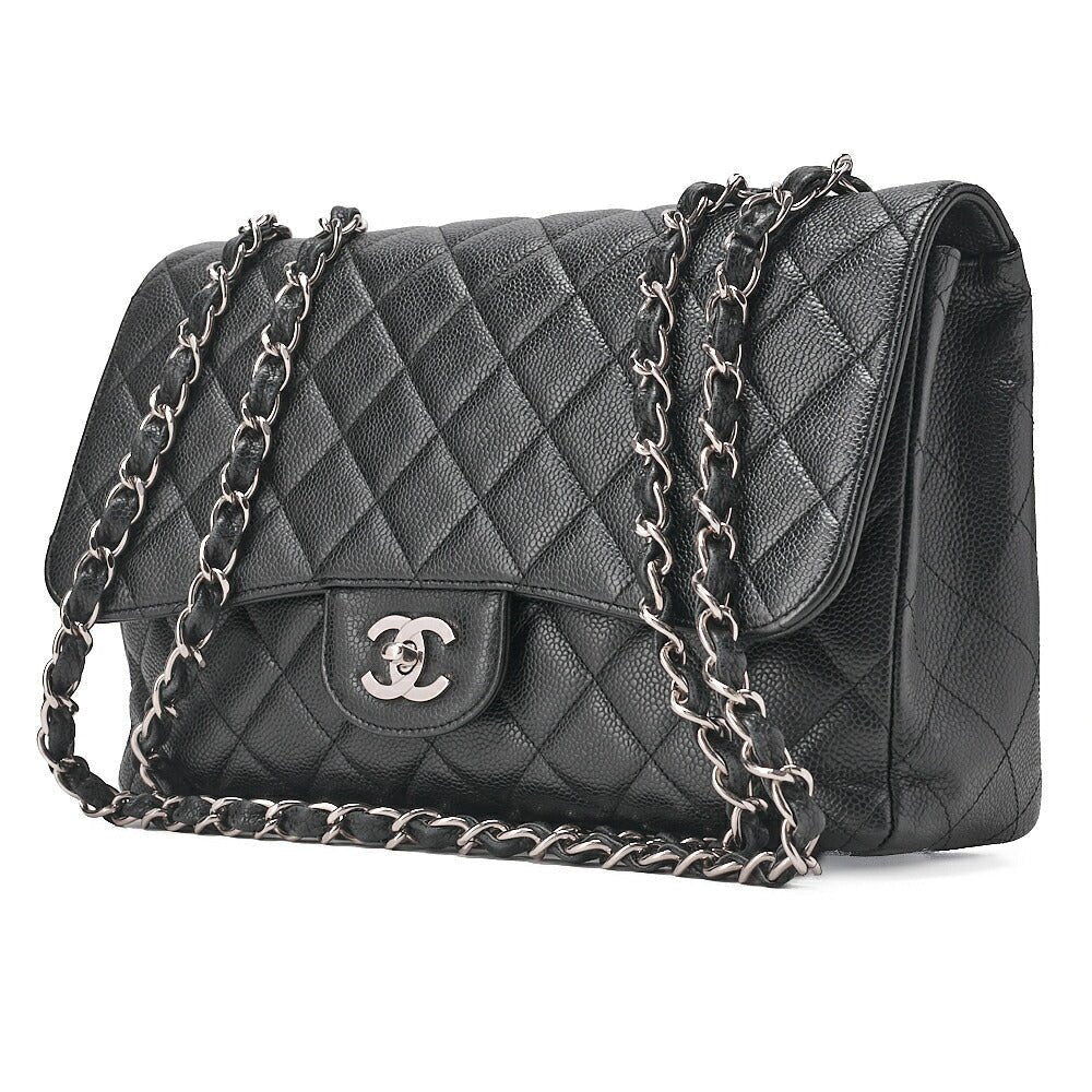 CHANEL Chain Shoulder Bag Deca Matelasse 30cm Single Flap Caviar Skin Black Silver-Tone Hardware, Pre-Owned