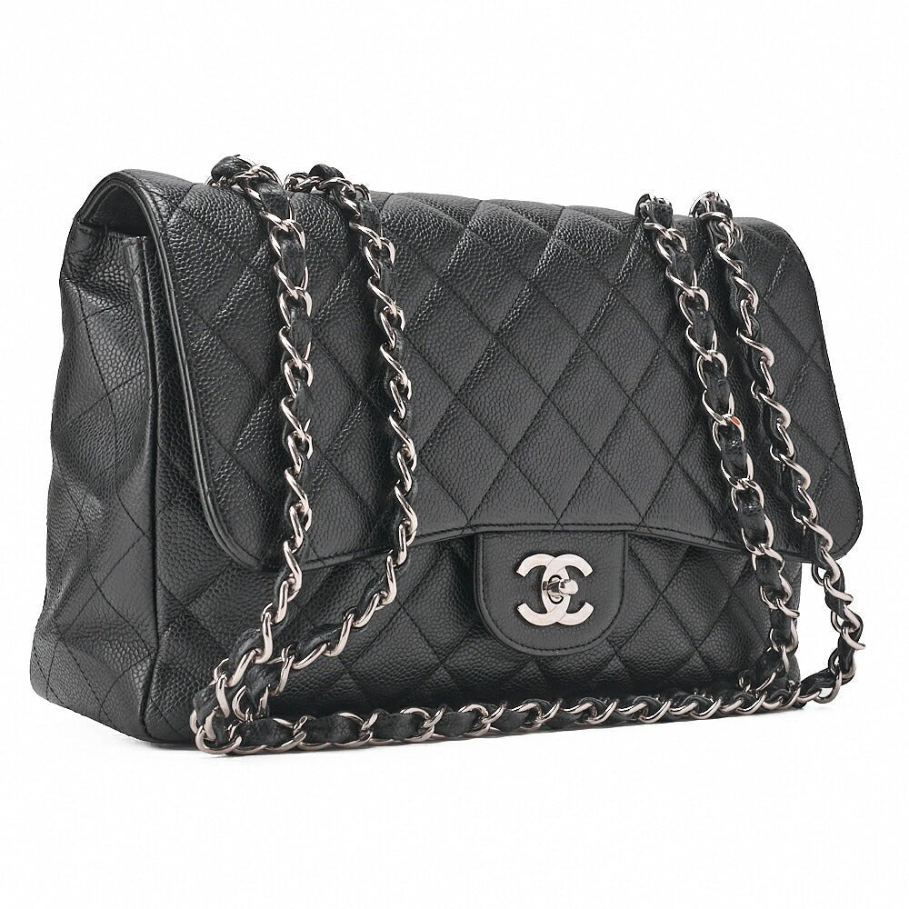 CHANEL Chain Shoulder Bag Deca Matelasse 30cm Single Flap Caviar Skin Black Silver-Tone Hardware, Pre-Owned