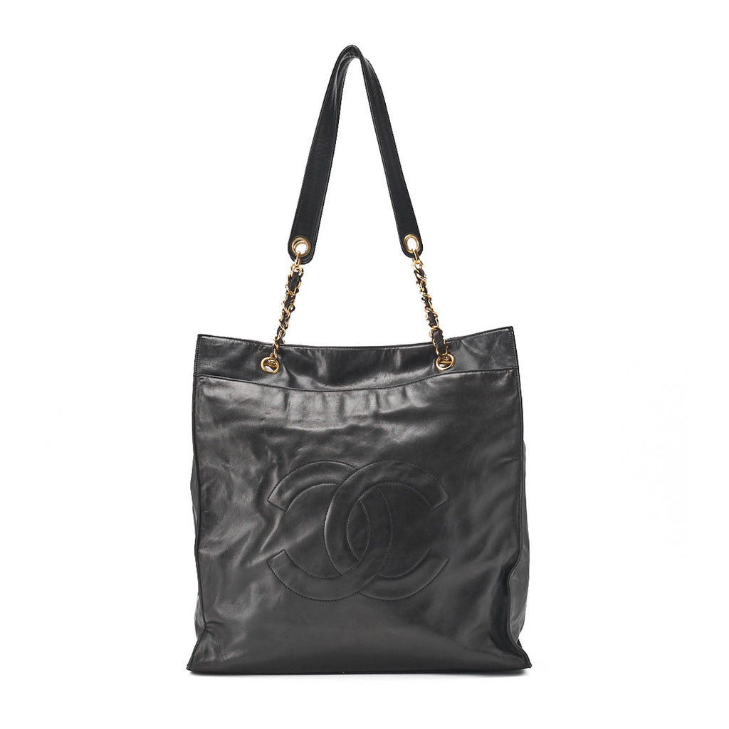 CHANEL Shoulder Bag Coco Mark Lambskin Black Large Size Gold-Tone Hardware, Pre-Owned