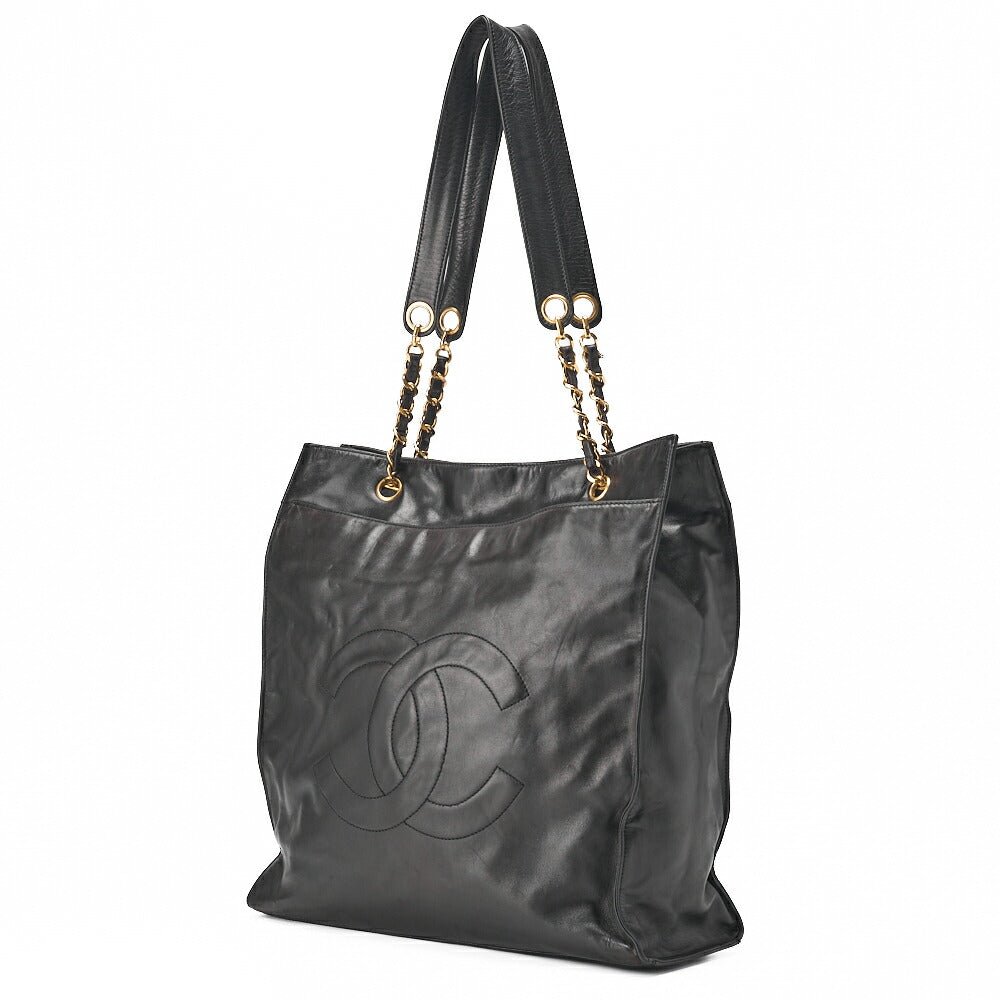 CHANEL Shoulder Bag Coco Mark Lambskin Black Large Size Gold-Tone Hardware, Pre-Owned