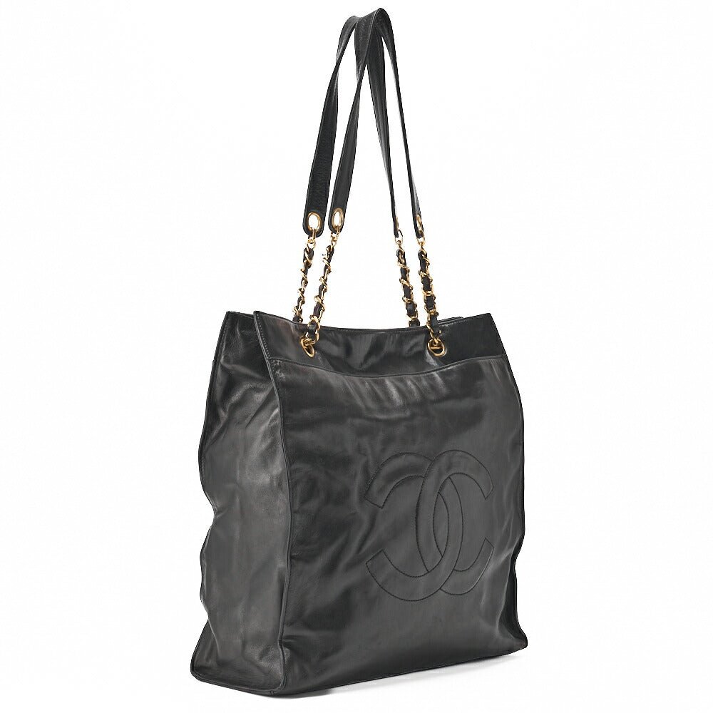 CHANEL Shoulder Bag Coco Mark Lambskin Black Large Size Gold-Tone Hardware, Pre-Owned