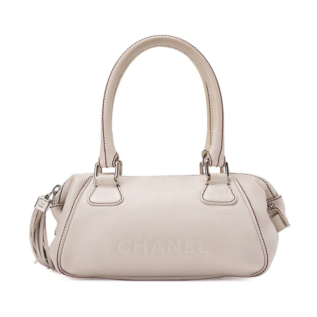 CHANEL Tote Bag Logo Fringe Leather White Silver-Tone Hardware, Pre-Owned