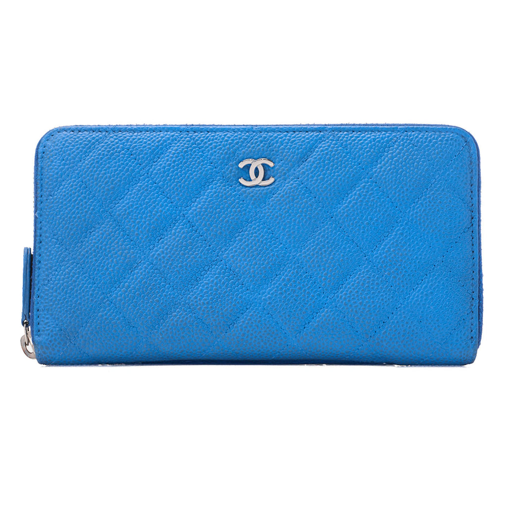 CHANEL Matelasse Round Long Wallet Caviar Skin Blue Silver-Tone Hardware, Pre-Owned