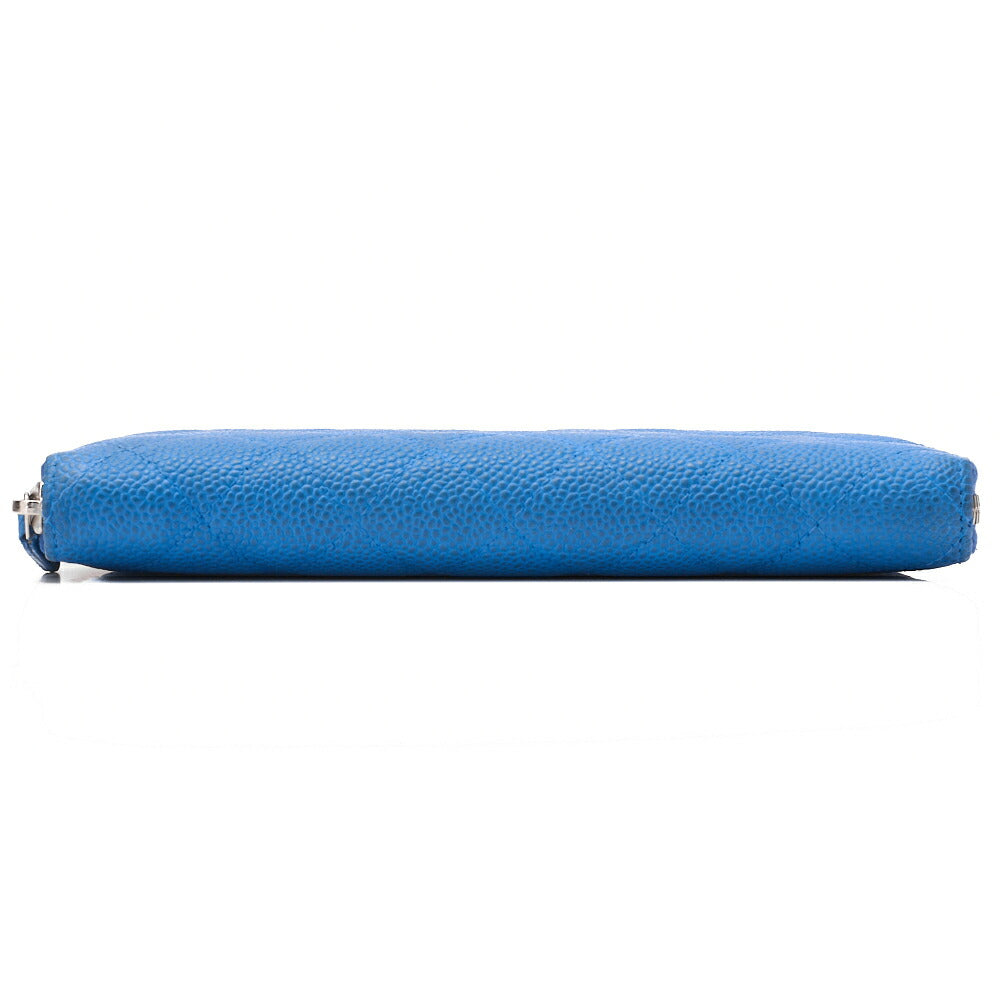 CHANEL Matelasse Round Long Wallet Caviar Skin Blue Silver-Tone Hardware, Pre-Owned