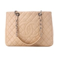 CHANEL Tote Bag Matelasse Caviar Skin Cocomark GST Double Chain Tote Beige Silver-Tone Hardware, Pre-Owned
