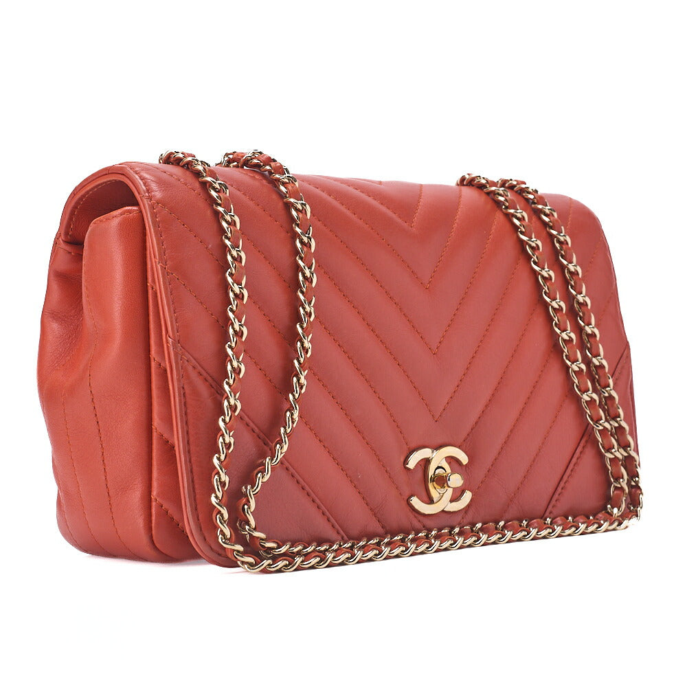 CHANEL Chain Shoulder Bag Calfskin V-Stitch Pink Orange Turnlock Full Flap Gold-Tone Hardware, Pre-Owned