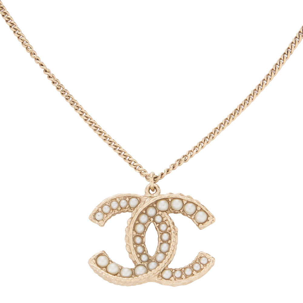 CHANEL Coco Mark Faux Pearl Necklace 14B GP Gold (Gold Plated) Gold Chain Necklace Earrings High Brand Gold-Tone Hardware, Pre-Owned