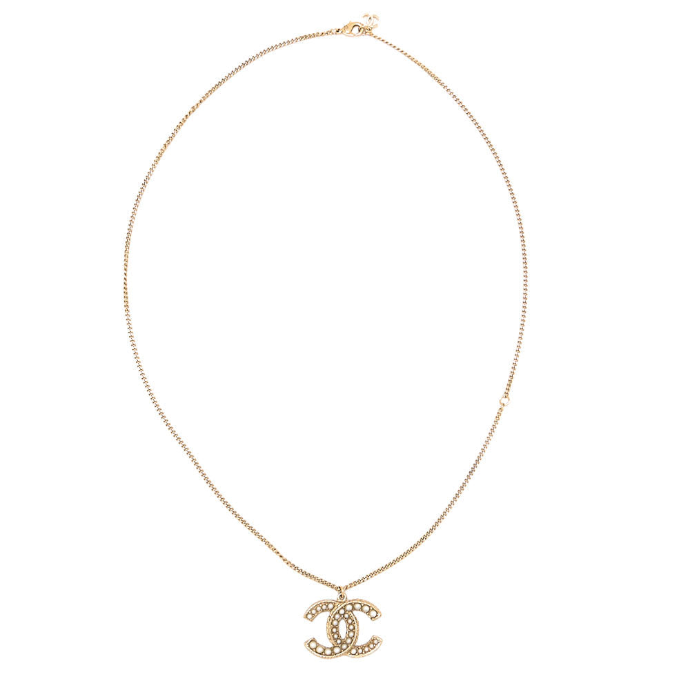 CHANEL Coco Mark Faux Pearl Necklace 14B GP Gold (Gold Plated) Gold Chain Necklace Earrings High Brand Gold-Tone Hardware, Pre-Owned