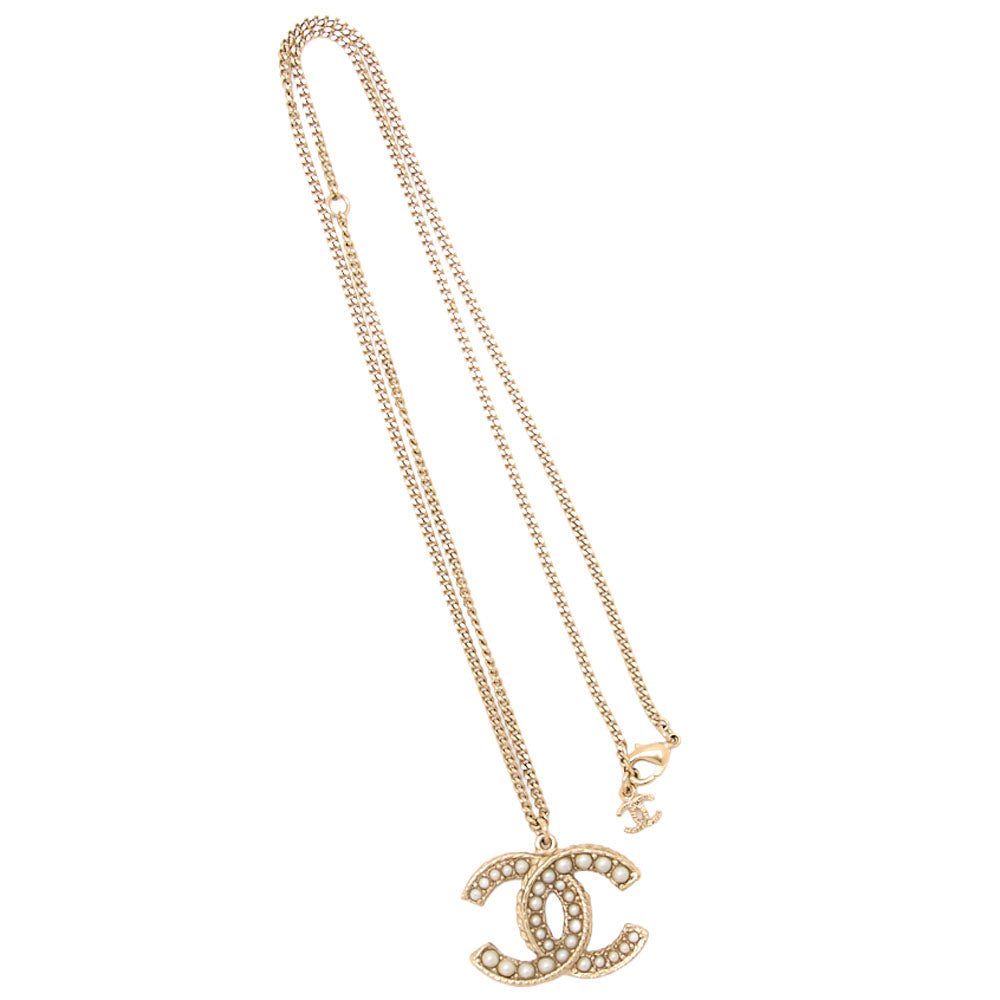 CHANEL Coco Mark Faux Pearl Necklace 14B GP Gold (Gold Plated) Gold Chain Necklace Earrings High Brand Gold-Tone Hardware, Pre-Owned