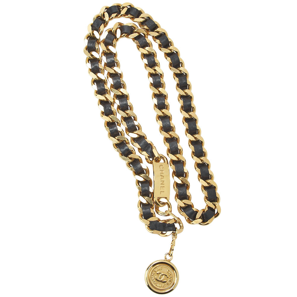 CHANEL Coco Mark Chain Belt 94A GP x Leather Black x Gold Gold-Tone Hardware, Pre-Owned