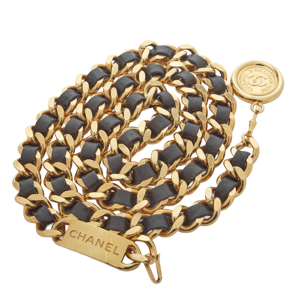 CHANEL Coco Mark Chain Belt 94A GP x Leather Black x Gold Gold-Tone Hardware, Pre-Owned