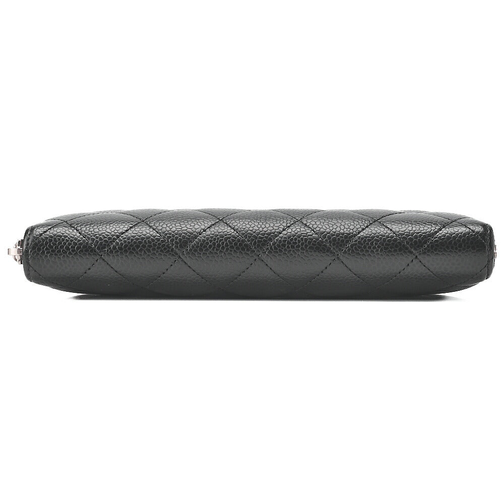 CHANEL Matrasse Round Long Wallet Caviar Skin Black Women's Wallet Silver-Tone Hardware, Pre-Owned