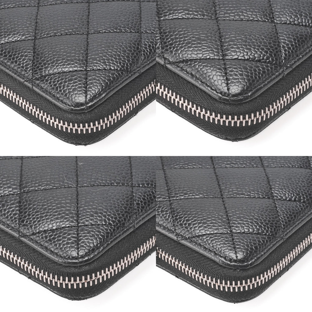 CHANEL Matrasse Round Long Wallet Caviar Skin Black Women's Wallet Silver-Tone Hardware, Pre-Owned