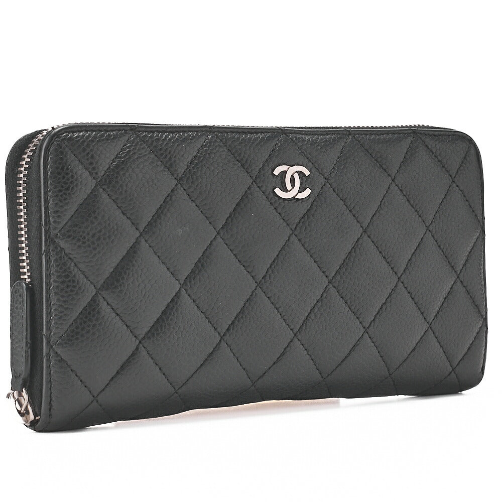 CHANEL Matlasse Round Long Wallet Caviar Skin Black (Silver Fittings) Women's Wallet Wallet [Used] [Free Shipping]