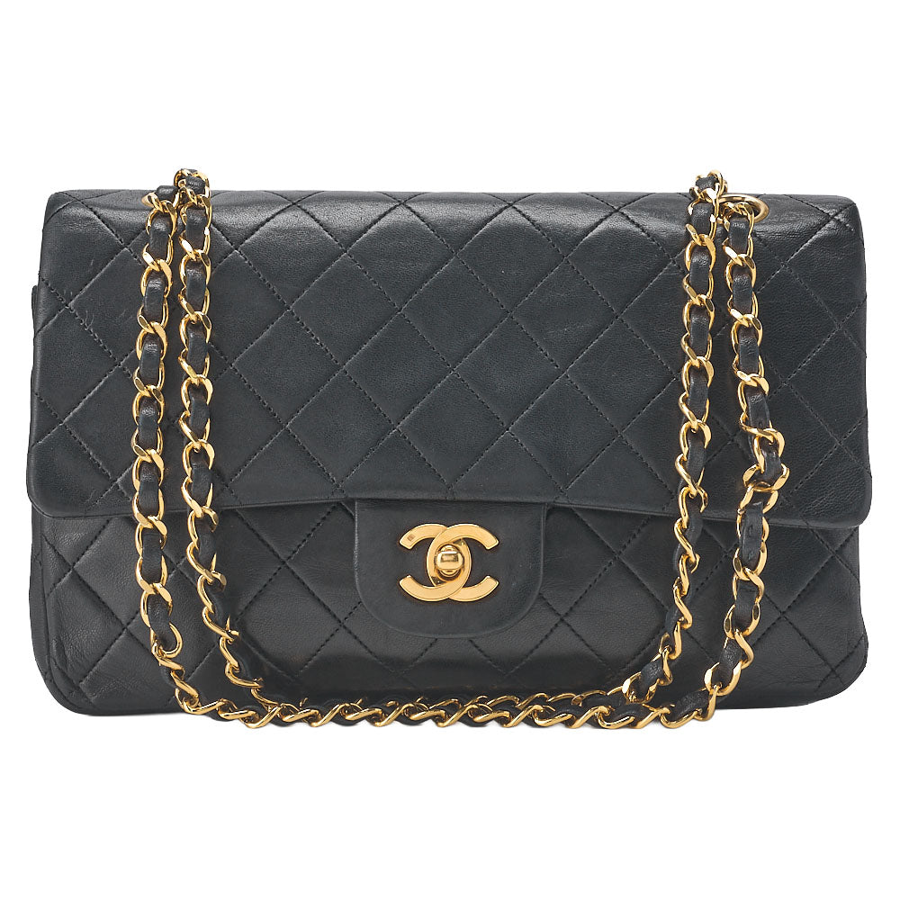 CHANEL Chain Shoulder Bag Matelasse Double Flap 25cm Lambskin Black Gold-Tone Hardware, Pre-Owned