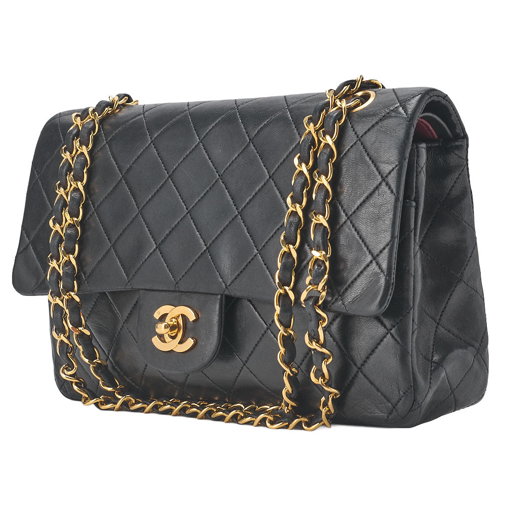 CHANEL Chain Shoulder Bag Matelasse Double Flap 25cm Lambskin Black Gold-Tone Hardware, Pre-Owned