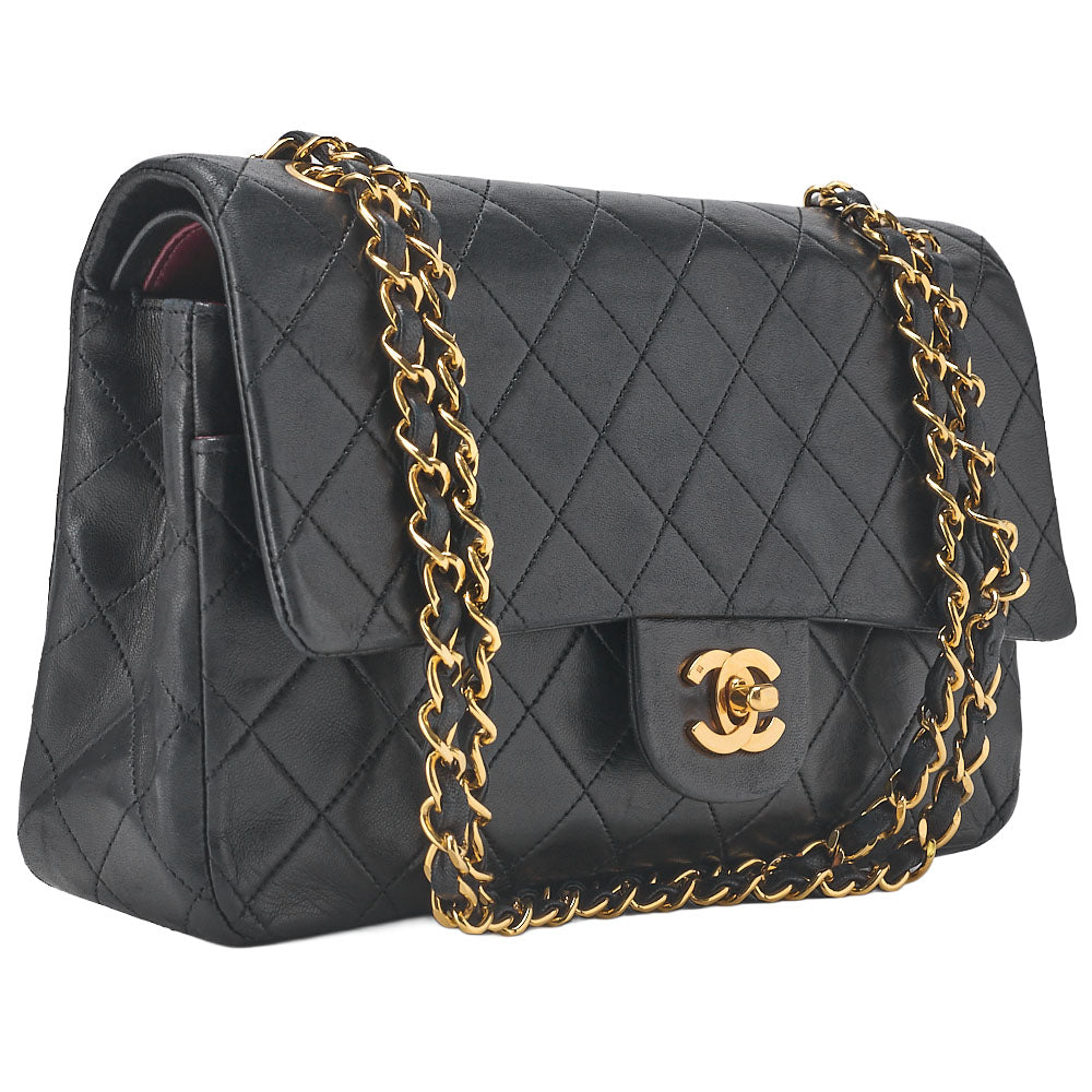 CHANEL Chain Shoulder Bag Matelasse Double Flap 25cm Lambskin Black Gold-Tone Hardware, Pre-Owned