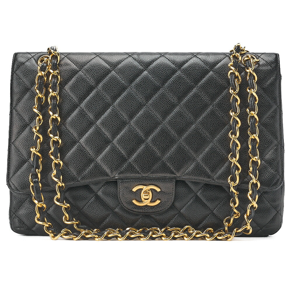 CHANEL Chain Shoulder Bag Deca Matelasse Double Flap 30cm Caviar Skin Black Gold-Tone Hardware, Pre-Owned