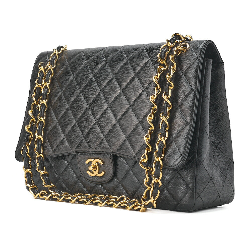 CHANEL Chain Shoulder Bag Deca Matelasse Double Flap 30cm Caviar Skin Black Gold-Tone Hardware, Pre-Owned