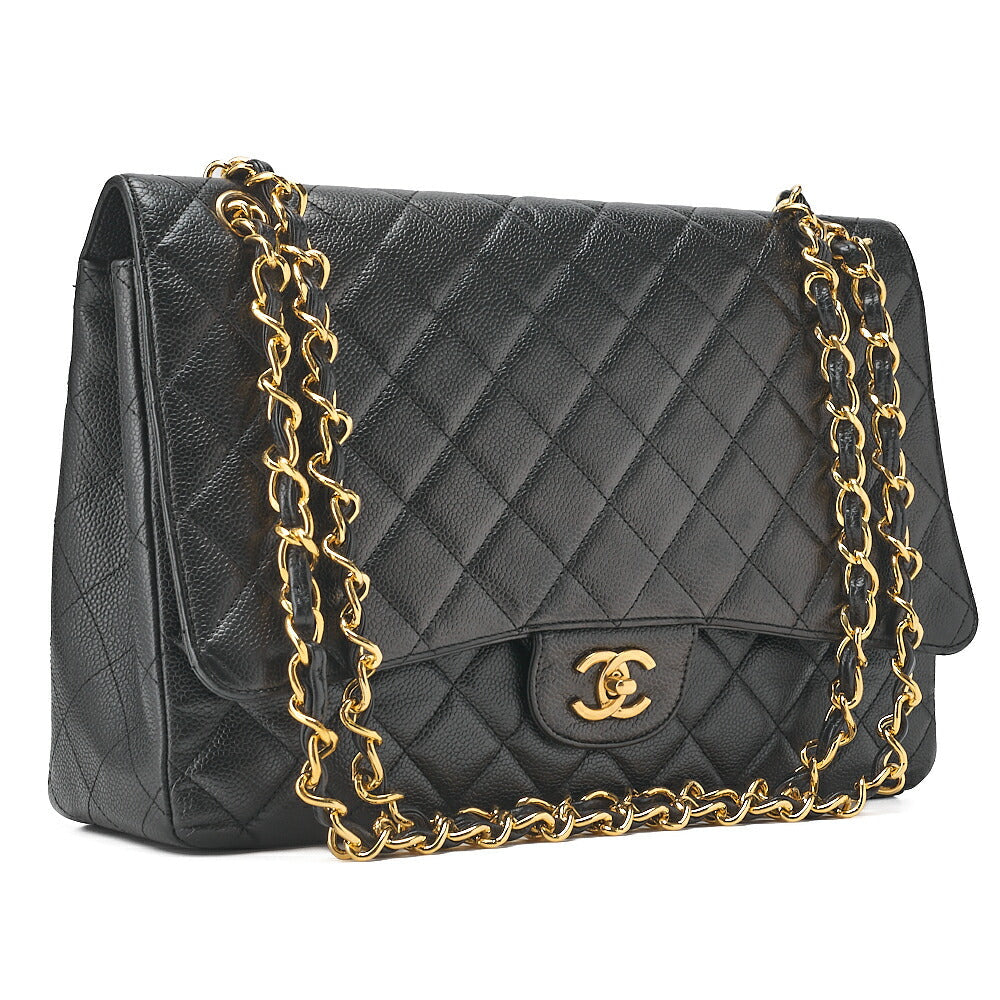 CHANEL Chain Shoulder Bag Deca Matelasse Double Flap 30cm Caviar Skin Black Gold-Tone Hardware, Pre-Owned