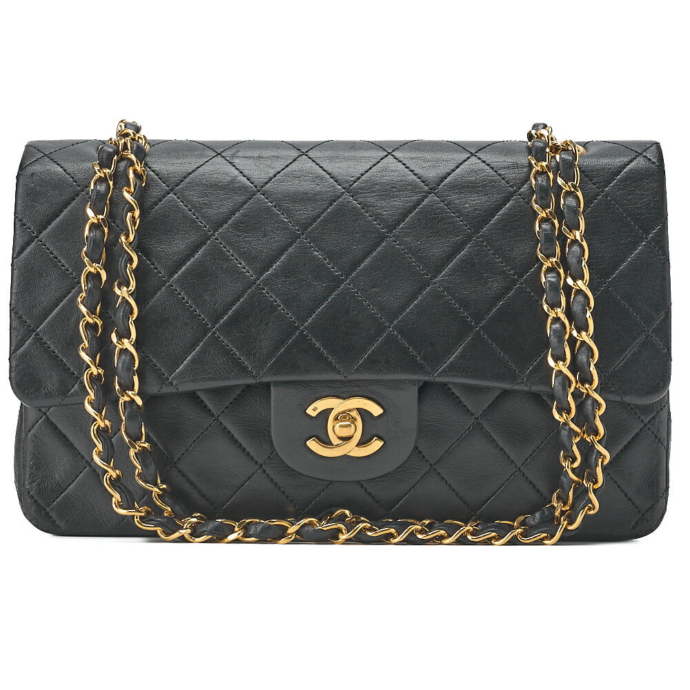 CHANEL Chain Shoulder Bag Matelasse Double Flap 25cm Lambskin Black Gold-Tone Hardware, Pre-Owned