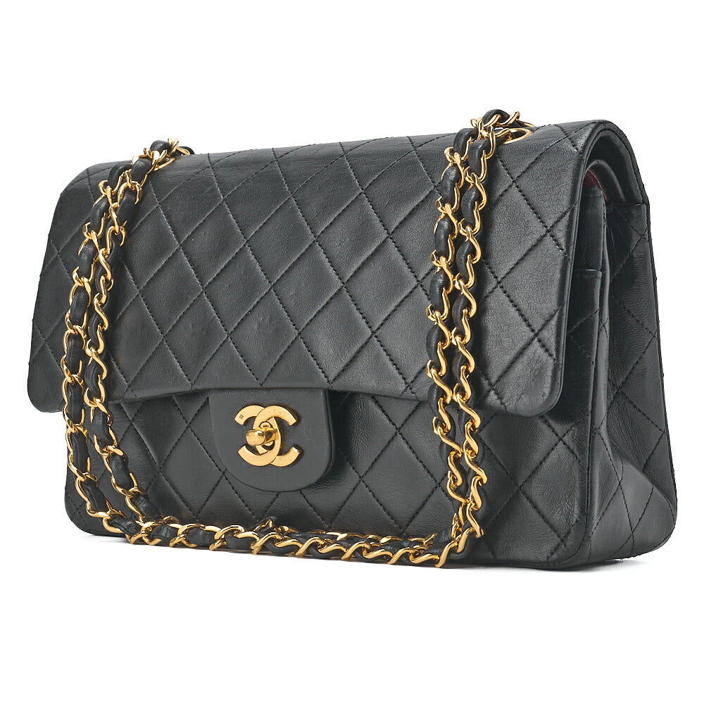 CHANEL Chain Shoulder Bag Matelasse Double Flap 25cm Lambskin Black Gold-Tone Hardware, Pre-Owned