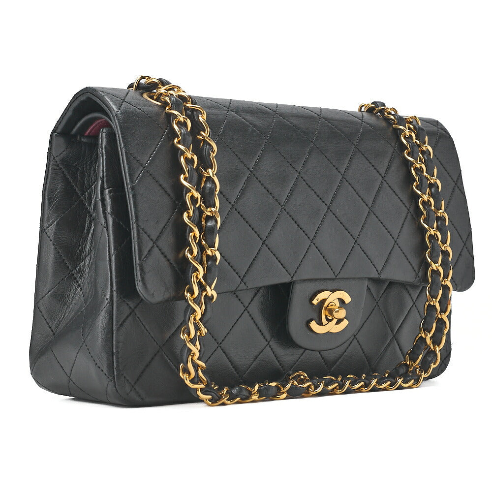 CHANEL Chain Shoulder Bag Matelasse Double Flap 25cm Lambskin Black Gold-Tone Hardware, Pre-Owned