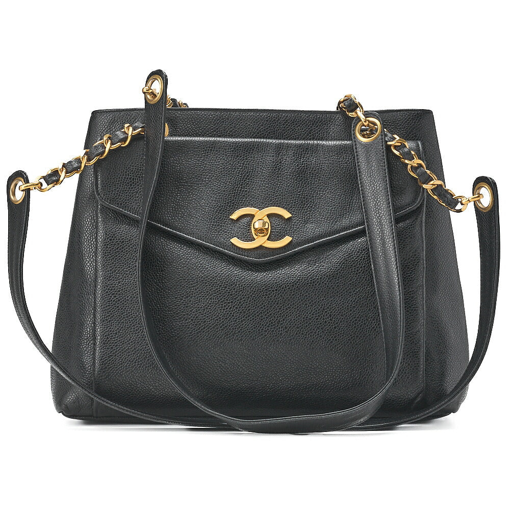 CHANEL Outside Flap Shoulder Bag Caviar Skin Black Gold-Tone Hardware, Pre-Owned