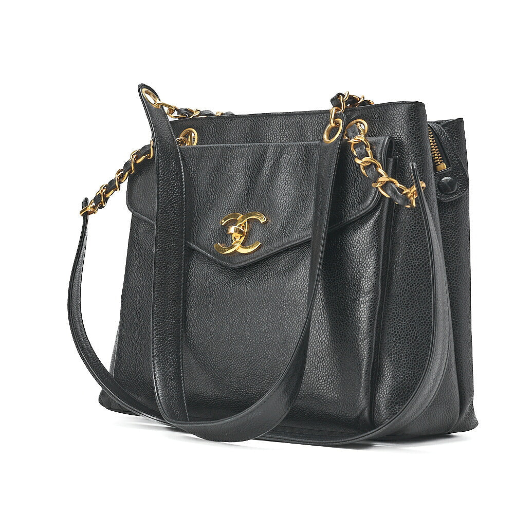 CHANEL Outside Flap Shoulder Bag Caviar Skin Black Gold-Tone Hardware, Pre-Owned
