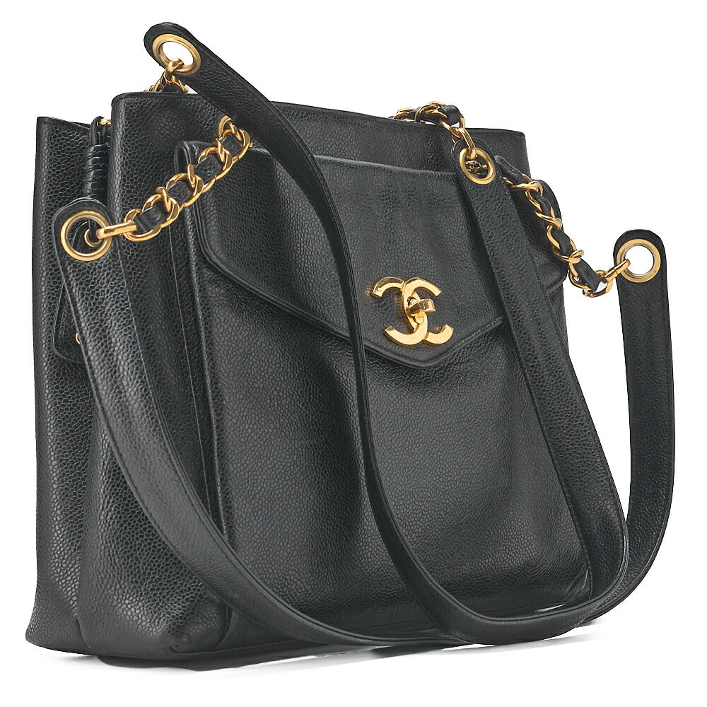 CHANEL Outside Flap Shoulder Bag Caviar Skin Black Gold-Tone Hardware, Pre-Owned