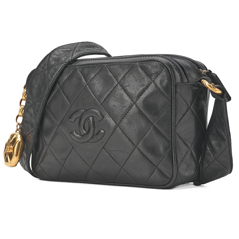 CHANEL Chain Shoulder Bag Matelasse Coco Mark Lambskin Ball Charm Black Gold-Tone Hardware, Pre-Owned