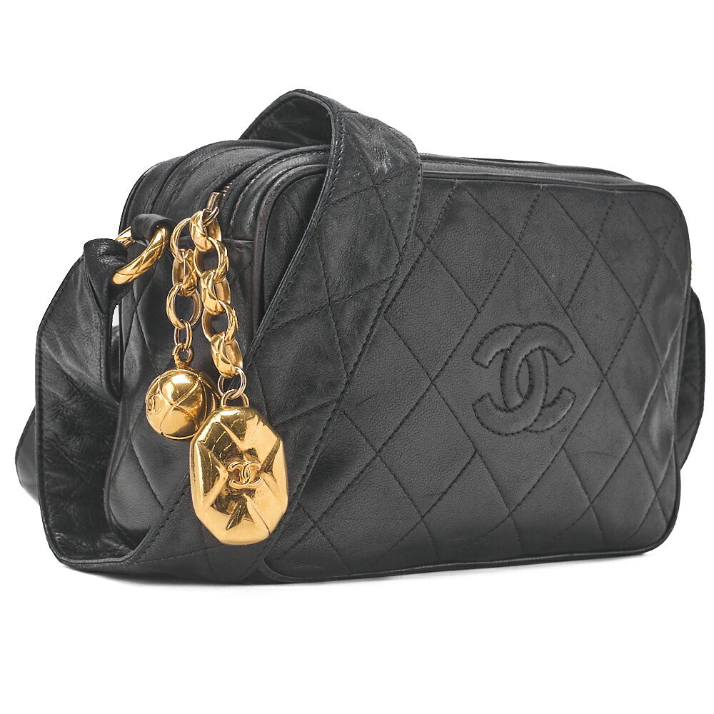 CHANEL Chain Shoulder Bag Matelasse Coco Mark Lambskin Ball Charm Black Gold-Tone Hardware, Pre-Owned