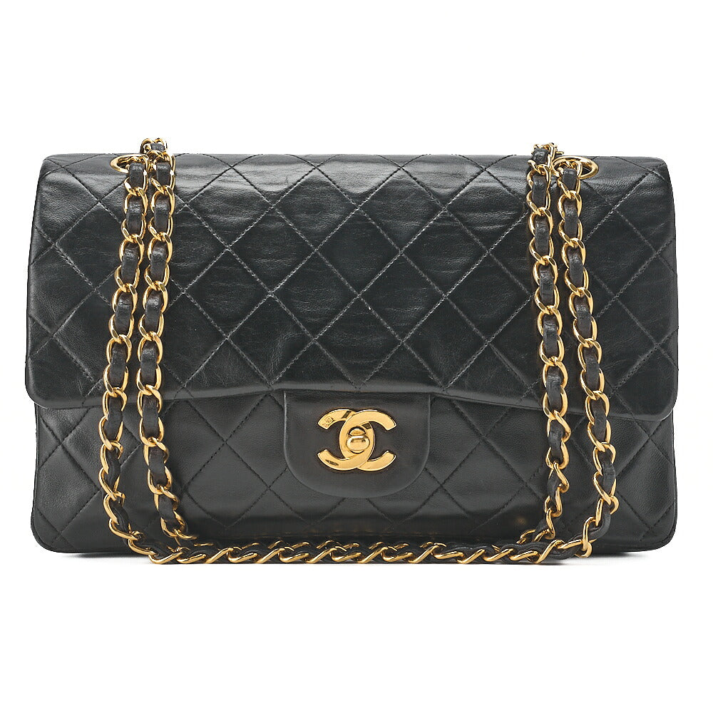 CHANEL Chain Shoulder Bag Matelasse Double Flap 25cm Lambskin Black Gold-Tone Hardware, Pre-Owned